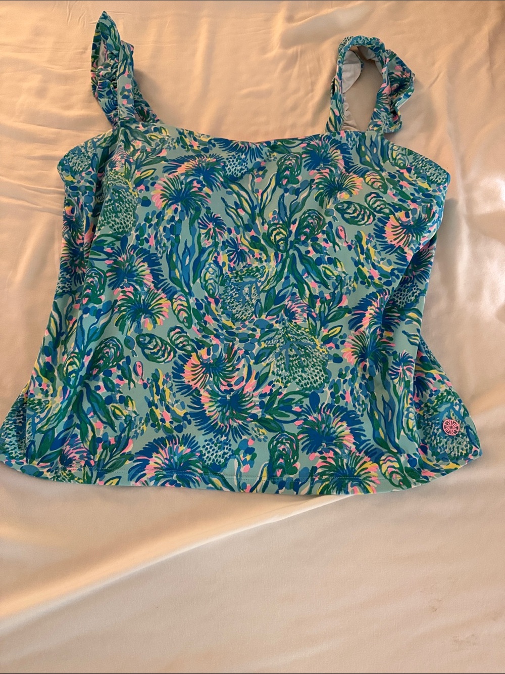 Printed Ruffle-Strap Tank Top - Teal Floral